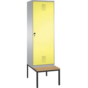 C+P EVOLO garderobekast, met zitbank, deur over 2 afdelingen, 2 afdelingen, 1 deur, afdelingbreedte 300 mm, blank aluminiumkleurig / zwavelgeel