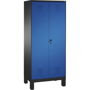 C+P Kast voor interieurverzorging/apparaten van EVOLO, verkorte middenwand, 6 haken, 2 afdelingen van 400 mm, met poten, zwartgrijs/gentiaanblauw