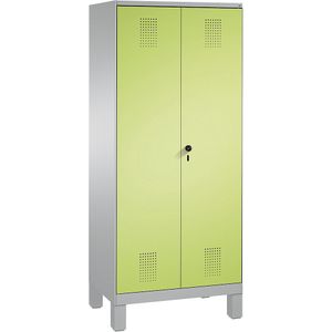 C+P Kast voor interieurverzorging/apparaten van EVOLO, verkorte middenwand, 6 haken, 2 afdelingen van 400 mm, met poten, blank aluminiumkleurig / felgroen