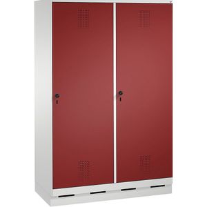 C+P EVOLO garderobekast, deur over 2 afdelingen, met sokkel, 4 afdelingen, 2 deuren, afdelingbreedte 300 mm, lichtgrijs/robijnrood