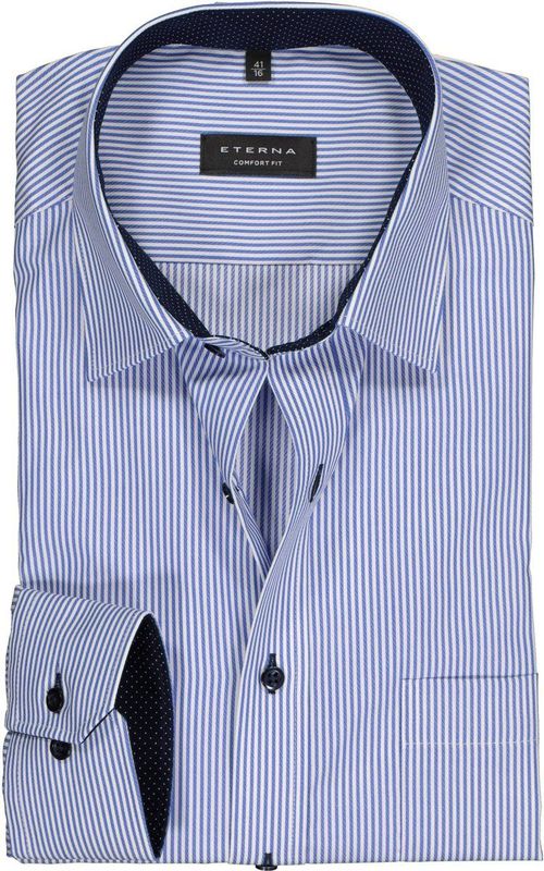 ETERNA comfort fit overhemd twill heren overhemd blauw met wit gestreept (blauw contrast) Strijkvrij Boord