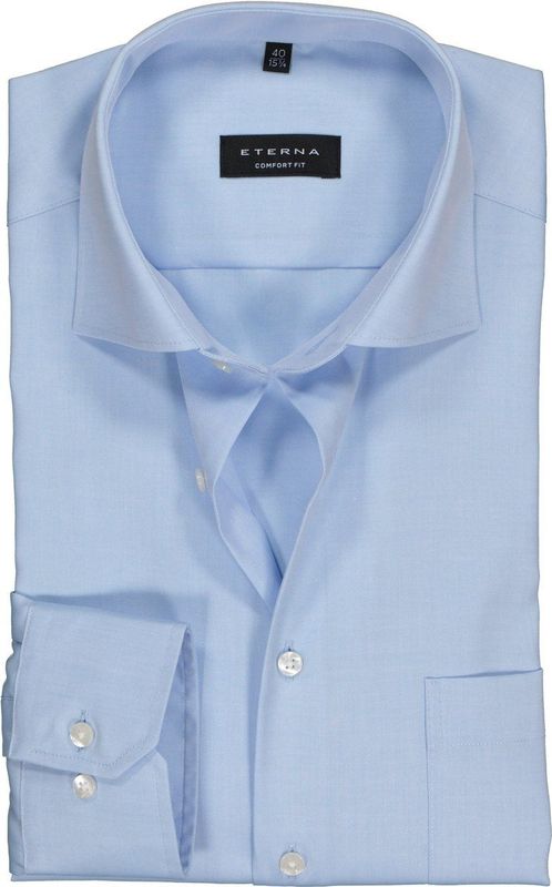ETERNA - Blauw Effen Overhemd - 100% Katoen - Kent Kraag - Lange Mouwen