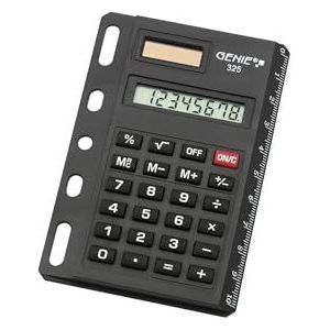 Genie 325 8-cijferige opbergbare rekenmachine (dual power (zonne-energie en batterij); compact design met universele perforatie; zwart