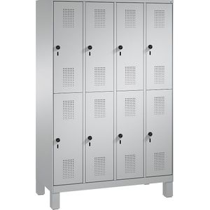 C+P EVOLO garderobekast, twee verdiepingen, met poten, 4 afdelingen, elk 2 vakken, afdelingbreedte 300 mm, blank aluminiumkleurig / blank aluminiumkleurig