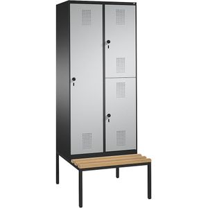 C+P EVOLO combinatiekast, met één- en twee verdiepingen, met zitbank, 2 afdelingen, 3 deuren, afdelingbreedte 400 mm, zwartgrijs / blank aluminiumkleurig