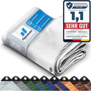 FLOORDIREKT Dekzeil - Stoffen Dekzeil - Beschermhoes - Bootzeil - Tentonderzeil voor Camping & Outdoor - Waterdicht - Met Zeilogen - 80 g/m² - Wit - 1,5 x 6 m
