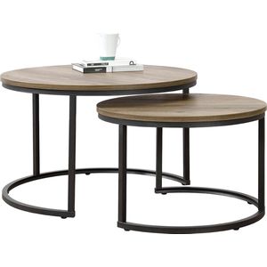 [en.casa] Salontafel Christchurch set van 2 bijzettafels rond tafels met metalen frame houtkleurig en zwart