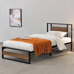 Metalen bed Villach bedframe 90x200 cm zwart en walnoot