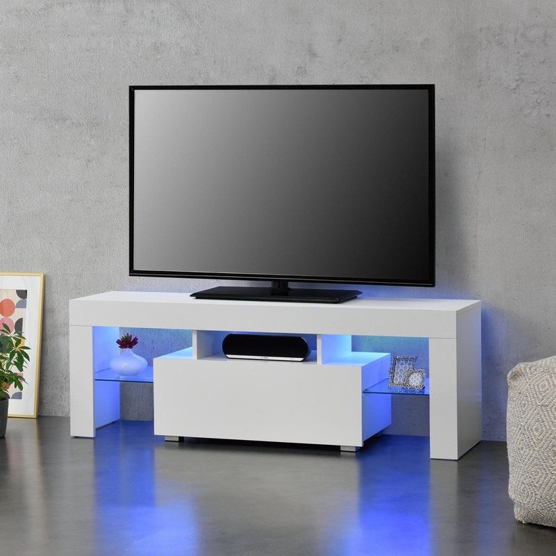 [en.casa] - led Fernsehtisch Grimsey 130x40x38 cm mit Schublade Weiß en.casa
