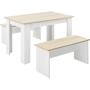 Eethoek set tafel 110x70x73 en banken 86,5x33x43,5 wit eiken