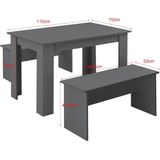 en.casa Essgruppe, (3-tlg), »Hokksund« Sitzgruppe Esstisch 110x70cm mit 2 Sitzbänken Grau
