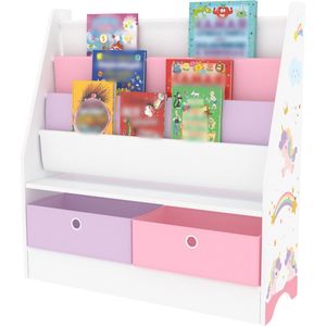 Kinderkast Neda boekenkast voor kinderen met 3 opbergvakken speelgoedopbergkast met 2 vouwdozen staand 74x71x23 cm wit paars roze