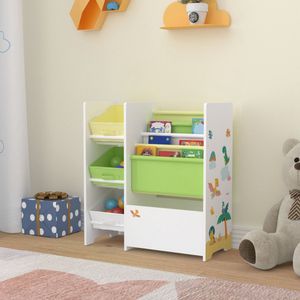 [en.casa] Kinderrek Vimianzo boekenkast met 4 opbergvakken met 3 vouwdozen speelgoedkast dinosaurus motief wit groen geel kinderkamer organizer opbergvak