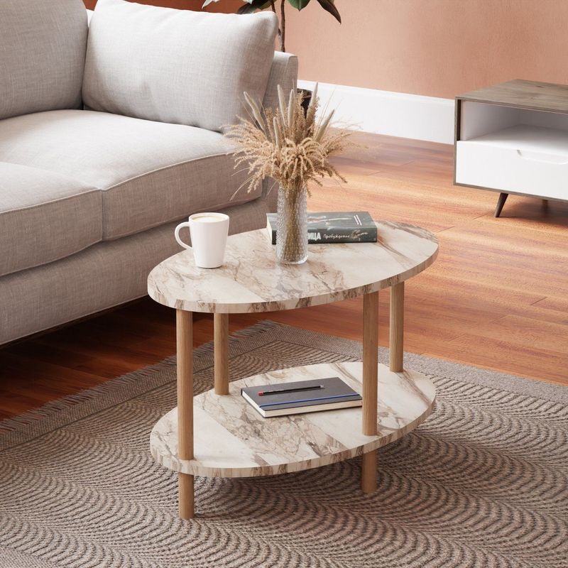 Couchtisch Højreby mit unterer Ablage 43 x 70 x 44 cm Oval Marmor, creme