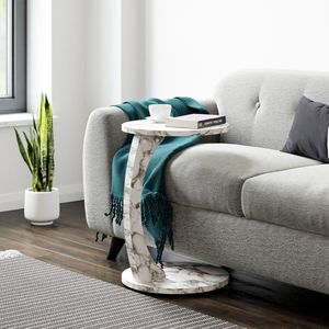 [en.casa] Bijzettafel Holeby marmerlook creme wit verrijdbaar C-vormig design 56x38 cm spaanplaat