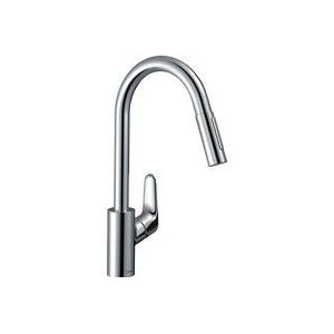 Hansgrohe 73880000 Focus keukenkraan (waterkraan keuken met slangbox, 150° draaibaar, uittrekbare sproeikop met 2 straalsoorten, hoge comfortuitloop 240 mm, standaard aansluitingen) chroom