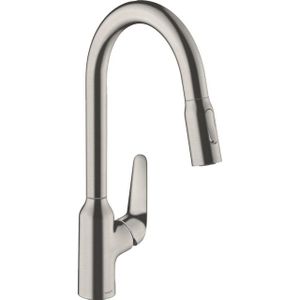 hansgrohe Keukenkraan (kraan keuken 360° draaibaar, uittrekbare douche met 2 straalsoorten, hoge comfort-uitloop 220mm, standaardaansluitingen) roestvrijstalen afwerking