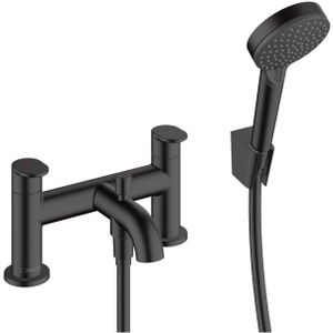 Badrandmengkraan met stopkraan en handdouche hansgrohe vernis blend 2-gats mat zwart