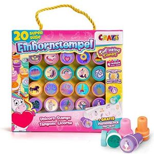 CRAZE 29190 Kinderstempelset met eenhoornmotieven, 20 inktkussentjes, wasbare stempelset voor kinderen, eenhoornstempelset, kleurrijk met papierblok in etui