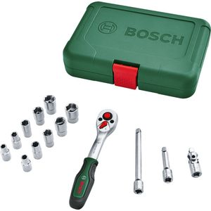 Bosch Home and Garden 1/4"" krachtdoppenset met ratel 14-delig (hoogwaardige, veelzijdige krachtdoppenset voor diverse doe-het-zelfklussen; ergonomisch, handgreep met softgrip; magnetische bithouder)