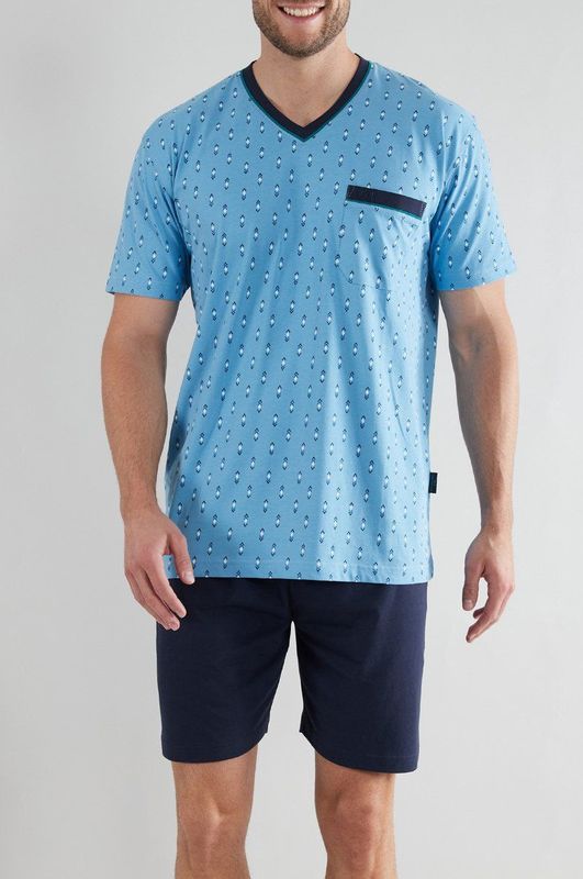 Götzburg - Shortama - Blauw met Print - Katoen - Heren set met Korte Broek en Shirt