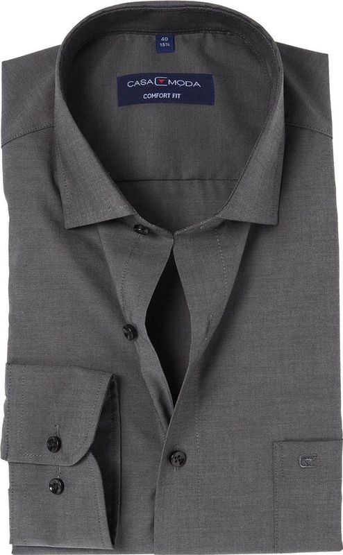 CASA MODA - Grijs Effen Overhemd - 100% Katoen - Kent Kraag - Lange Mouwen