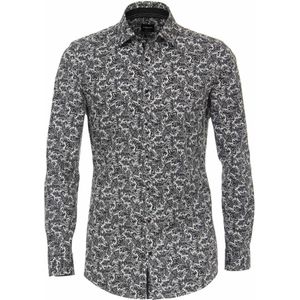VENTI - Grijs Fantasie - Body Fit Overhemd - Zwart met Grijs en Wit Paisley Dessin - Strijkvriendelijk