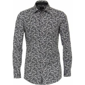 VENTI - Grijs Fantasie - Overhemd - Zwart - Strijkvriendelijk, Kent Kraag, Body Fit
