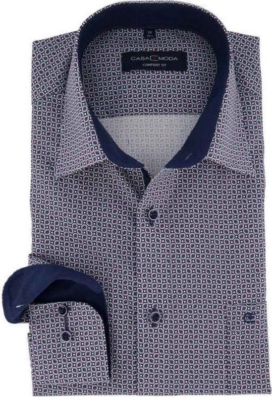 CASA MODA - Comfort Fit - Overhemd - Blauw met Rood en Wit Dessin - Popeline