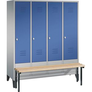 C+P Garderobekast CLASSIC met aangebouwde zitbank, 4 afdelingen, afdelingsbreedte 400 mm, blank aluminiumkleurig / gentiaanblauw