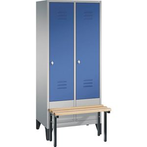 C+P Garderobekast CLASSIC met aangebouwde zitbank, 2 afdelingen, afdelingsbreedte 400 mm, blank aluminiumkleurig / gentiaanblauw
