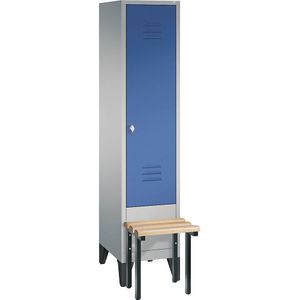 C+P Garderobekast CLASSIC met aangebouwde zitbank, 1 afdeling, afdelingsbreedte 400 mm, blank aluminiumkleurig / gentiaanblauw