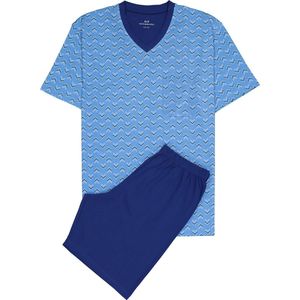 Gotzburg - Heren Shortama - Middenblauw Dessin - Korte Broek en Shirt met Korte Mouwen