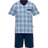 Gotzburg heren shortama V-hals, lichtblauw geruit