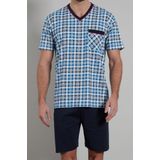 Gotzburg heren shortama V-hals, lichtblauw geruit