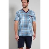 Gotzburg heren shortama V-hals, lichtblauw geruit