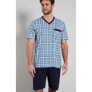Gotzburg heren shortama V-hals, lichtblauw geruit
