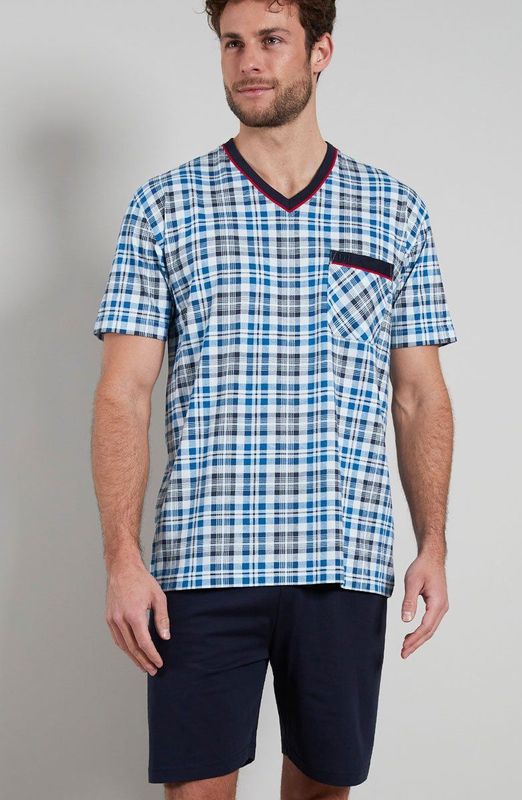 Gotzburg heren shortama V-hals, lichtblauw geruit