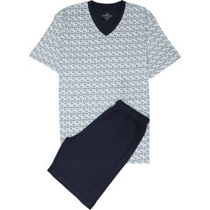 Gotzburg heren shortama V-hals, licht- met donkerblauw en geel dessin