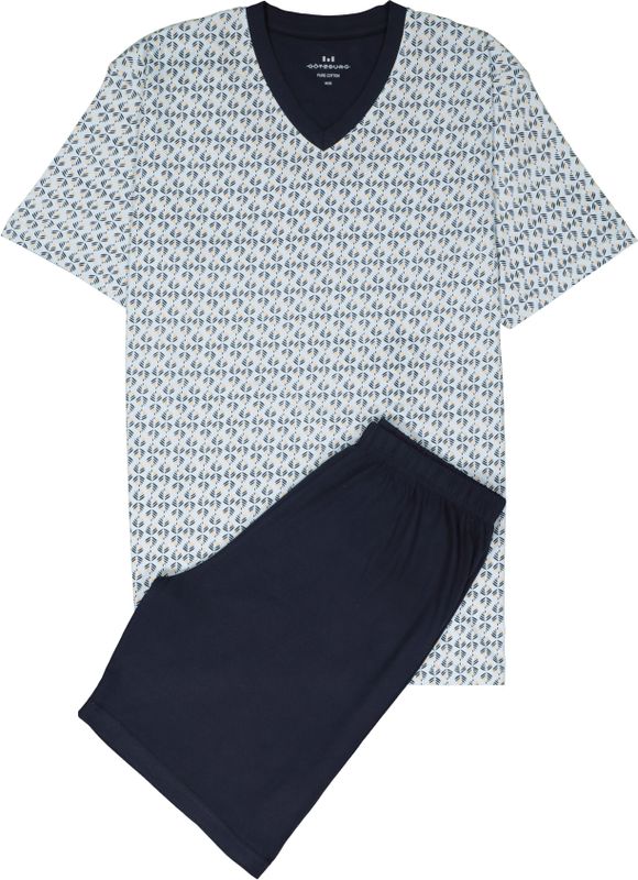 Gotzburg heren shortama V-hals, licht- met donkerblauw en geel dessin