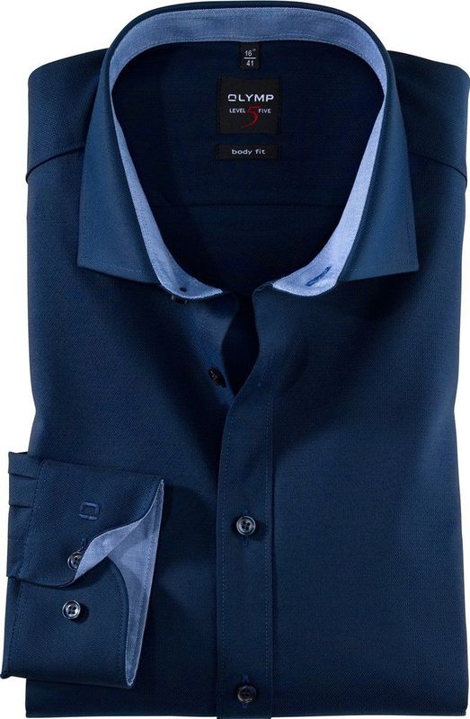 OLYMP - Level 5 - Overhemd - Donkerblauw - Katoen - Strak Getailleerd
