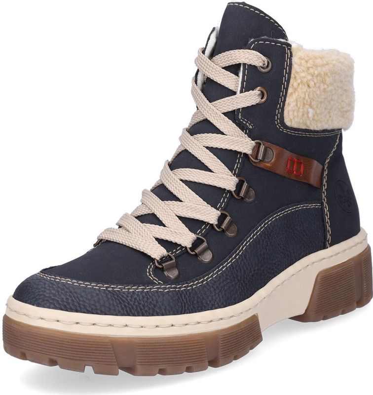 Rieker - Winterlaarzen - Blauw - Textiel - Vetersluiting - Hakhoogte 4,5 cm