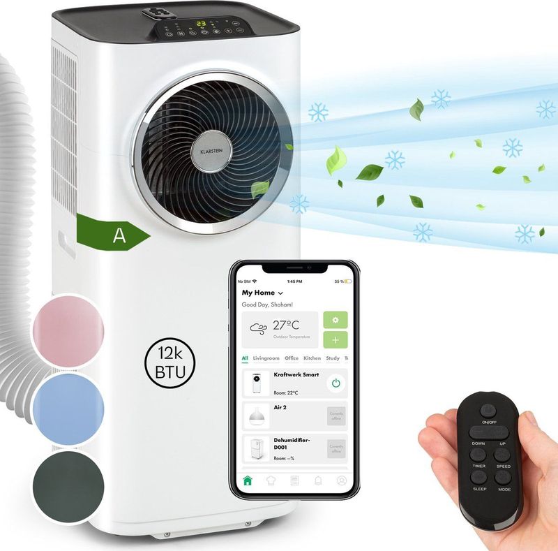 Klarstein Klimagerät Kraftwerk Smart, Klimagerät mobil Air Conditioner Kühlgerät Luftkühler
