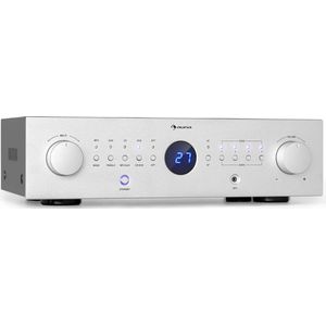 auna AMP-CD950 DG - Eindversterker versterker, uitgangsvermogen: 8 x 100 watt RMS bij 4 ohm, ingebouwde DSP, 4 stereo-zones, Bluetooth, optische ingang, AUX-In, CD-In, DVD-In, MP3 In, zilver