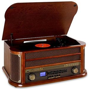 auna Belle Epoque 1908 draaitafel met Bluetooth, Nostalgy Edition, retrosysteem, luidspreker, radiotuner, FM, AM-ontvanger, RDS-functie, USB, CD-speler, cassettedeck, bruin