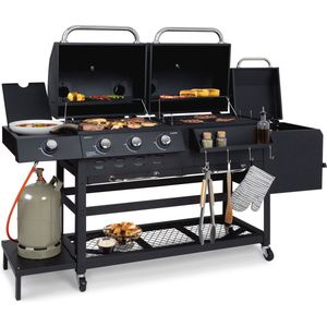 Klarstein Kingsville Double barbecue - Houtskool- en gasbarbecue - Smoker BBQ - Inclusief deksels en thermometer - Met 2 roosters - Zwart