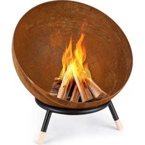 Blumfeldt Fireball Rust vuurschaal - Vuurkorf op 3 poten - Ø 60 cm - Kantelbaar - Inclusief grill en BBQ rooster - Met beschermhoes - Staal en hout - Roest look