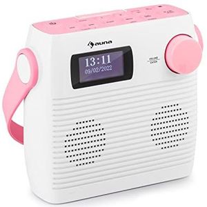 Auna Splash doucheradio, DAB radio, BT DAB+/UKW IPX4, DAB+ radio met USB poort koptelefoonaansluiting USB-C accu, digitale radio, wit-roze