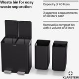 Klarstein - EcoVista - Prullenbak - Roestvrij Staal - 40L met 2 Vakken en 3L Compostemmer
