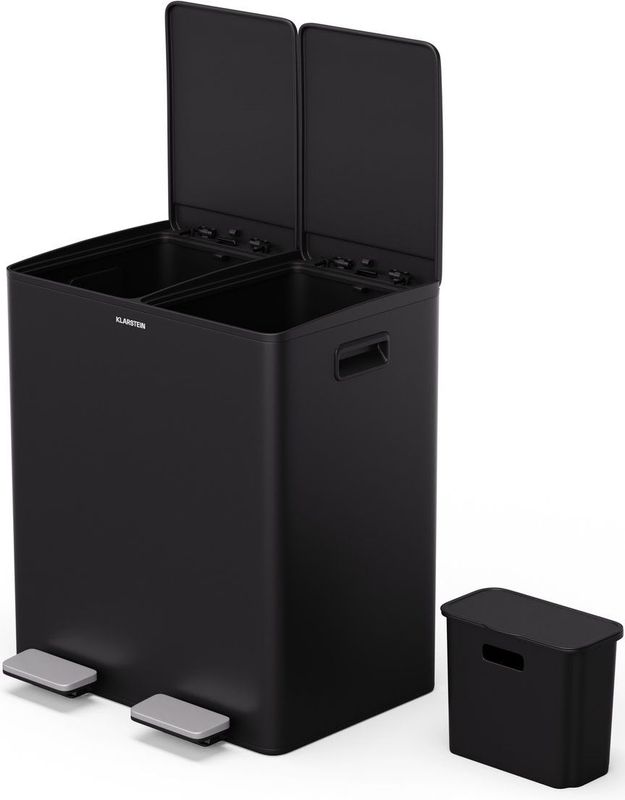 Klarstein - EcoVista - Prullenbak - Roestvrij Staal - 40L met 2 Vakken en 3L Compostemmer